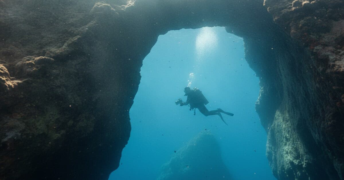 Diver silhouetted in a natural limestone arch with blue open water beyond