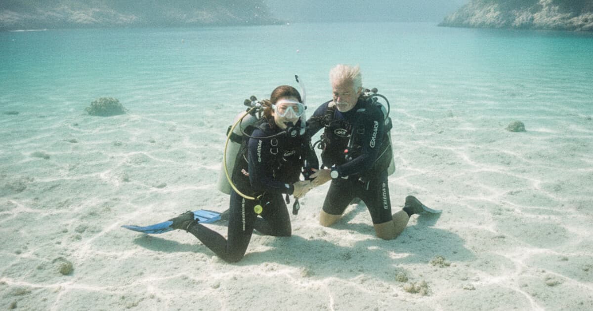 Instructor holding a first-time diver's hand in shallow clear water