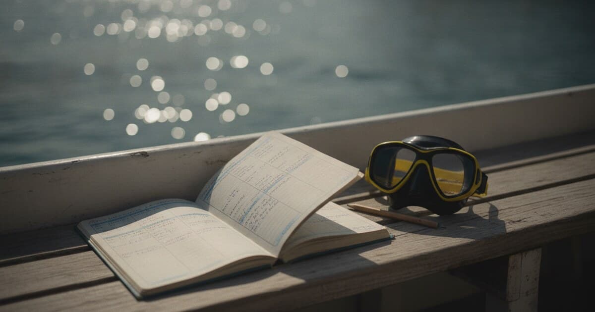 Open paper dive log book on a boat bench beside a dive mask