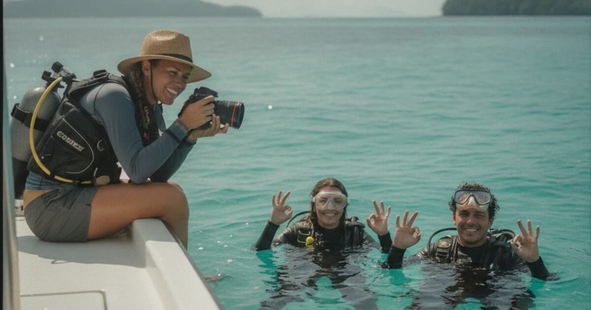 Instructor photographing happy divers surfacing beside a dive boat