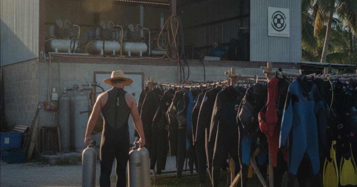 Divemaster trainee organising tanks and equipment at a dive centre