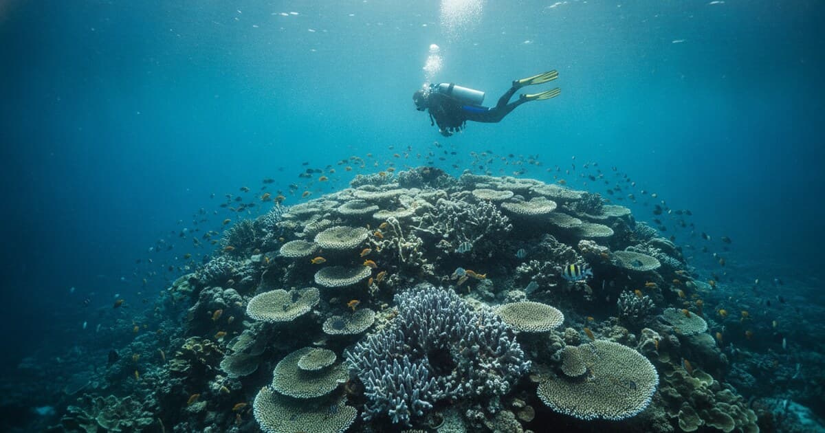 Scuba diver hovering above a coral bommie on the outer Great Barrier Reef, staghorn corals in the foreground with reef fish and clear blue water above