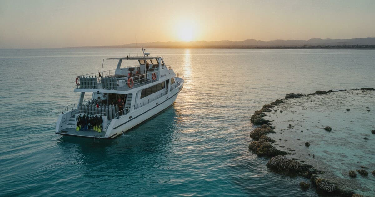 Liveaboard dive boat moored beside a Red Sea reef at sunrise