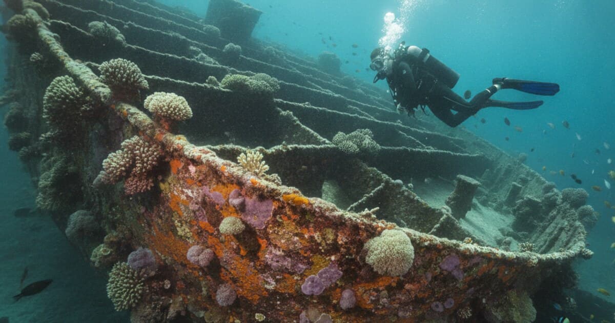 Scuba diver hovering above a coral-covered wreck section in Tulamben, Bali, with soft orange and purple corals covering the hull