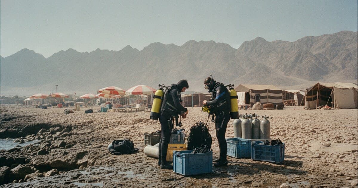 Diver entering the sea from a rocky shore entry on the Sinai coast