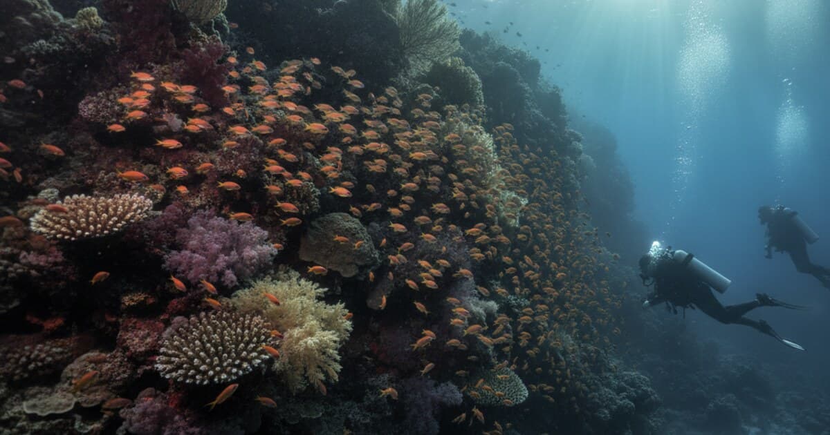 Divers over a Red Sea coral wall with a school of anthias in blue water