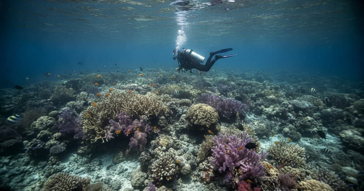Diver hovering above a vibrant coral reef in Okinawa, Japan with crystal-clear cobalt blue water and tropical reef fish