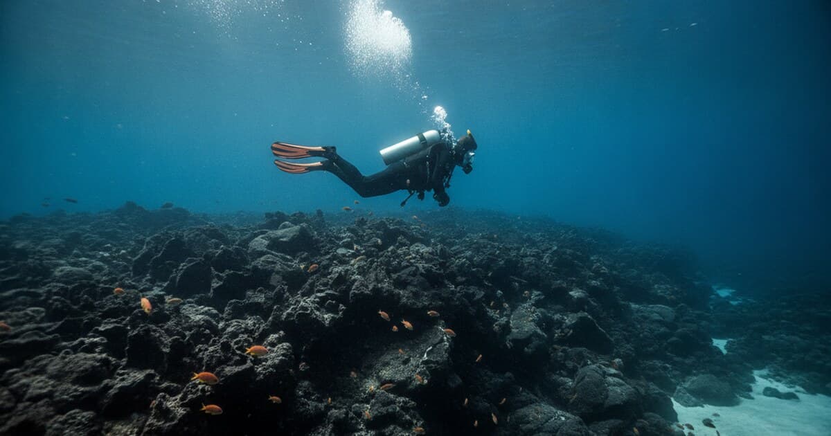 Diver over dark volcanic reef in clear blue Atlantic water