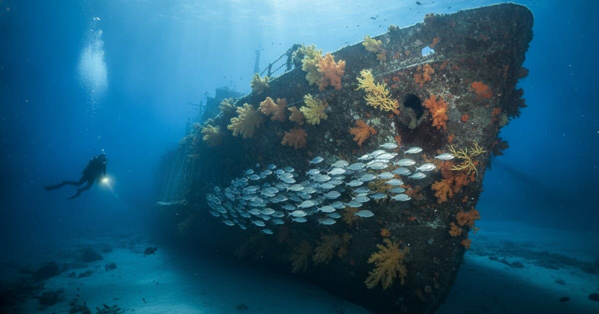 Diver exploring the encrusted hull of a large wreck in clear blue Mediterranean water near Larnaca, Cyprus