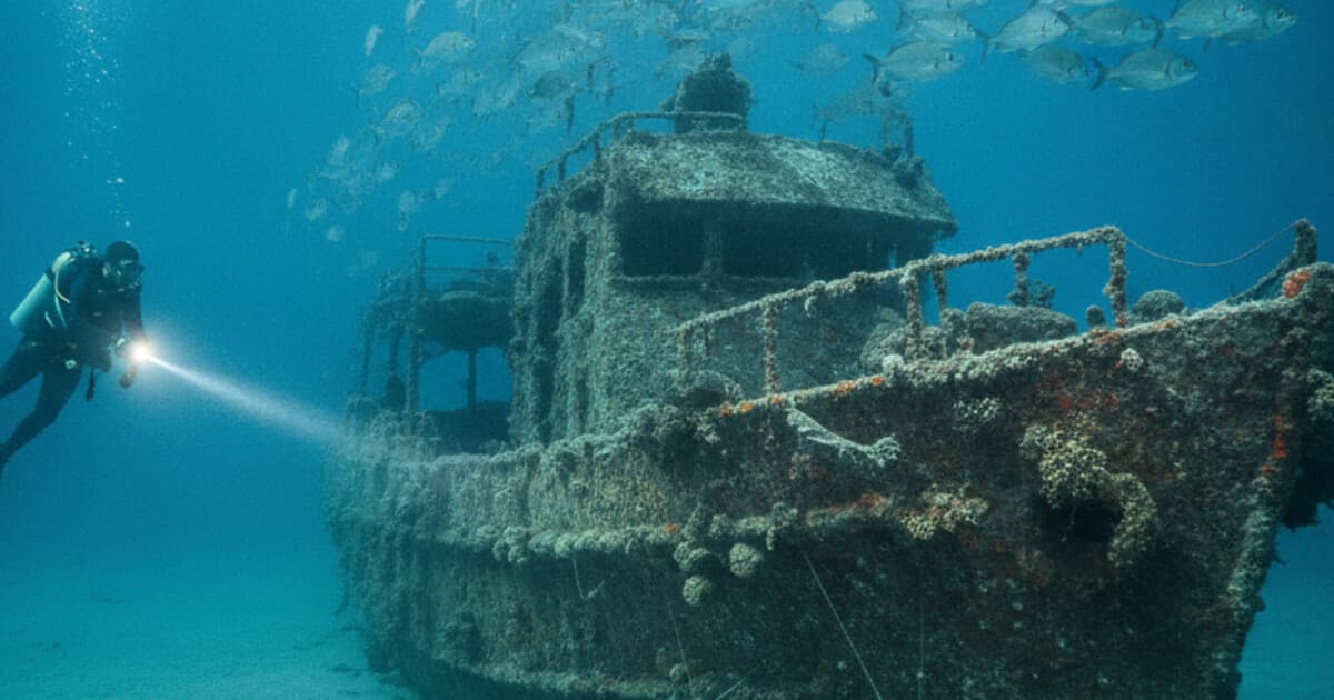 Diver exploring an encrusted shipwreck reef in blue Mediterranean water