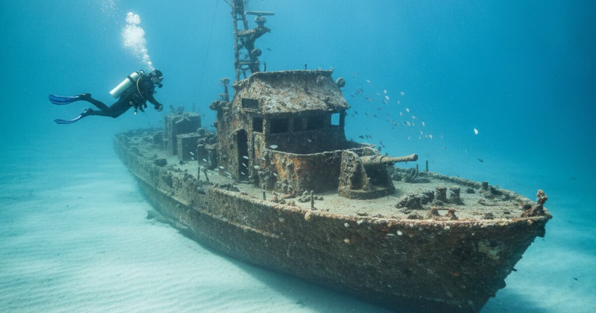 Diver above a sunken patrol boat wreck in clear blue Mediterranean water