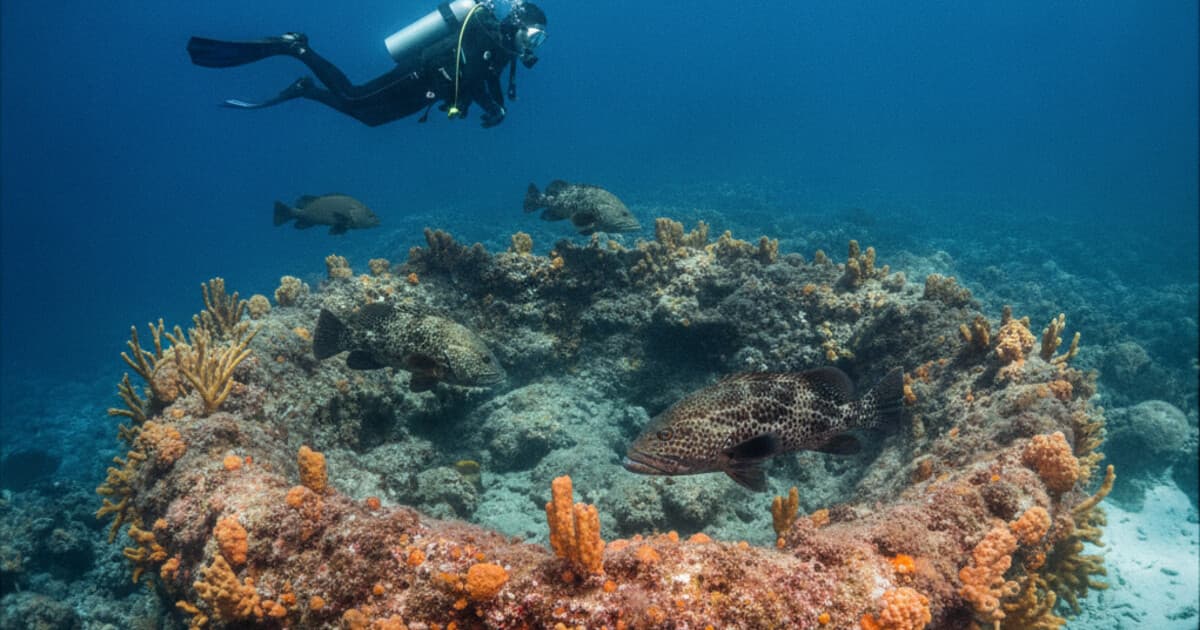 Diver swimming over a sponge-covered rock reef near Paphos