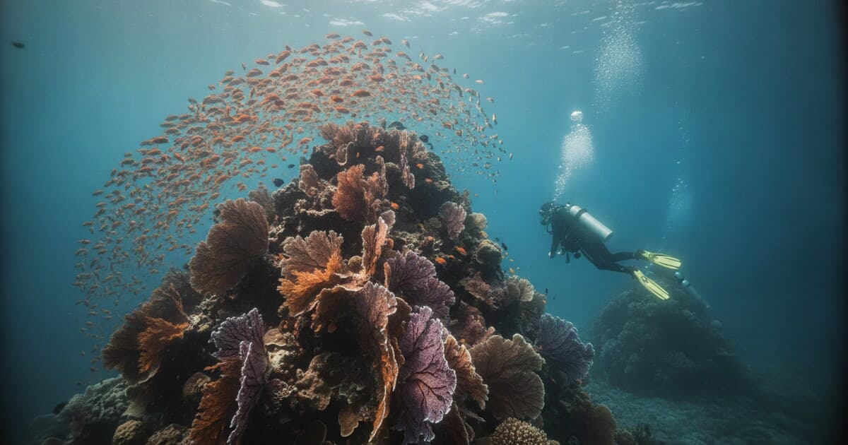 Scuba diver exploring a colourful coral pinnacle in the Andaman Sea near Phuket, Thailand, with orange sea fans and sunlight filtering through the water