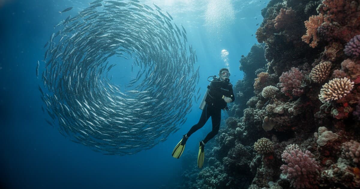 Diver drifting along a steep Red Sea coral wall crowded with fish