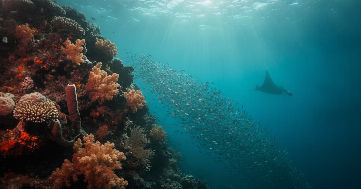 Underwater view in Raja Ampat showing a school of fish backlit by sunlight above a coral reef wall