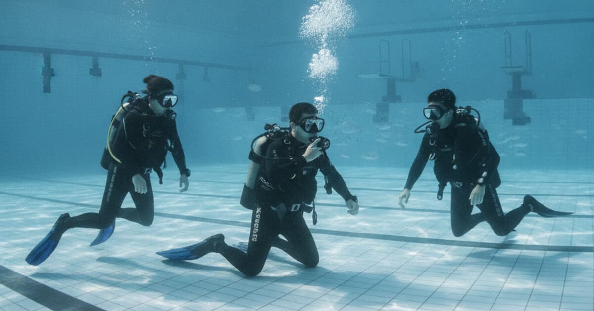 Instructor candidate demonstrating a skill to students in a pool