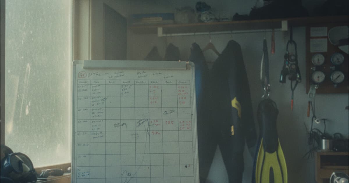 Dive centre trip board and a phone showing booking messages