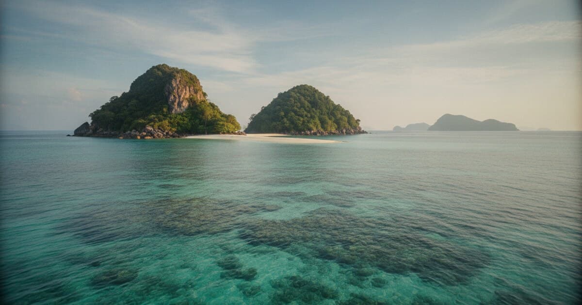 Turquoise waters of Koh Tao with the rocky peaks of Koh Nang Yuan rising from the sea in the distance, golden afternoon light