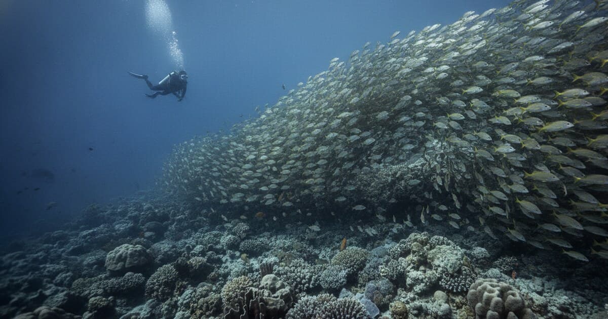 Wall of schooling snapper over a coral plateau in Ras Mohammed