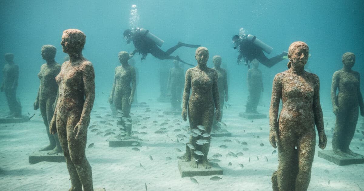 Divers exploring underwater sculptures on a sandy Mediterranean seabed