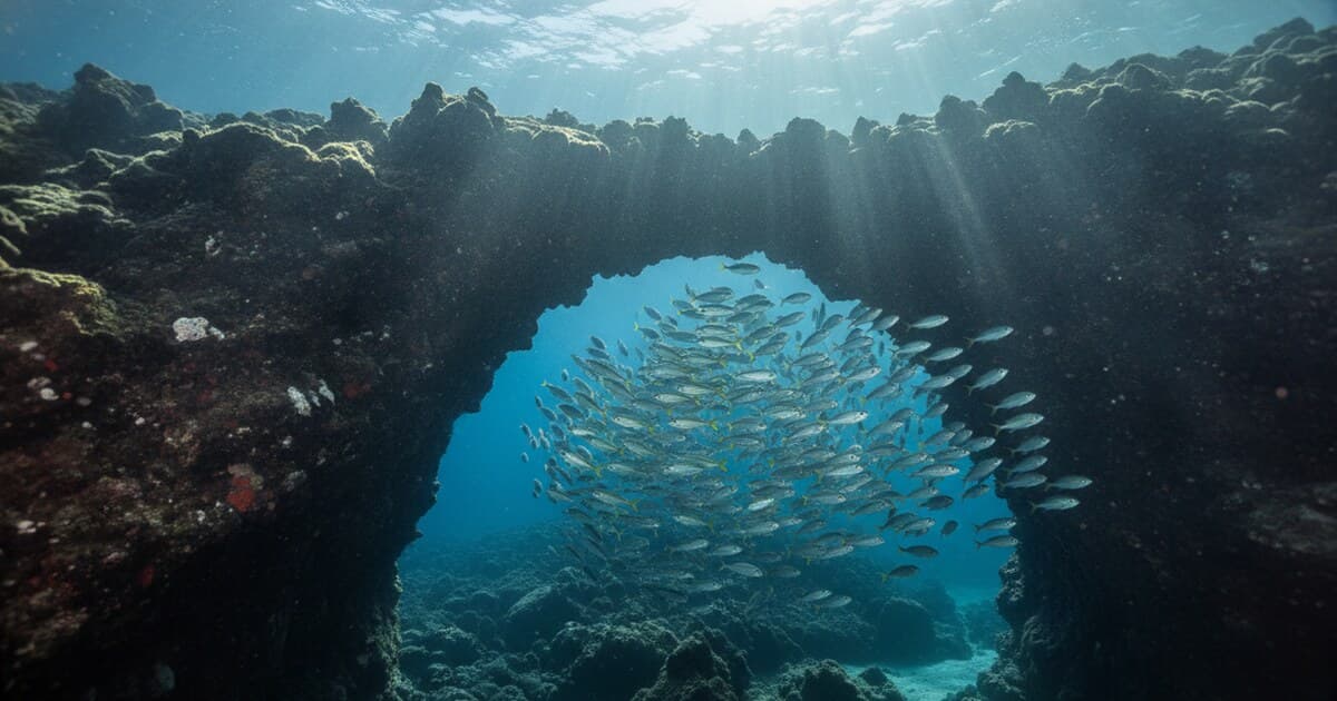 Volcanic rock arch underwater with fish schooling in blue Atlantic light