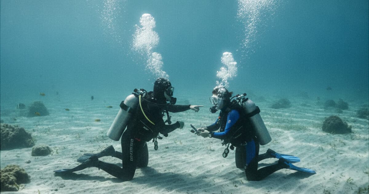 Instructor and student diver practising skills on a sandy seabed