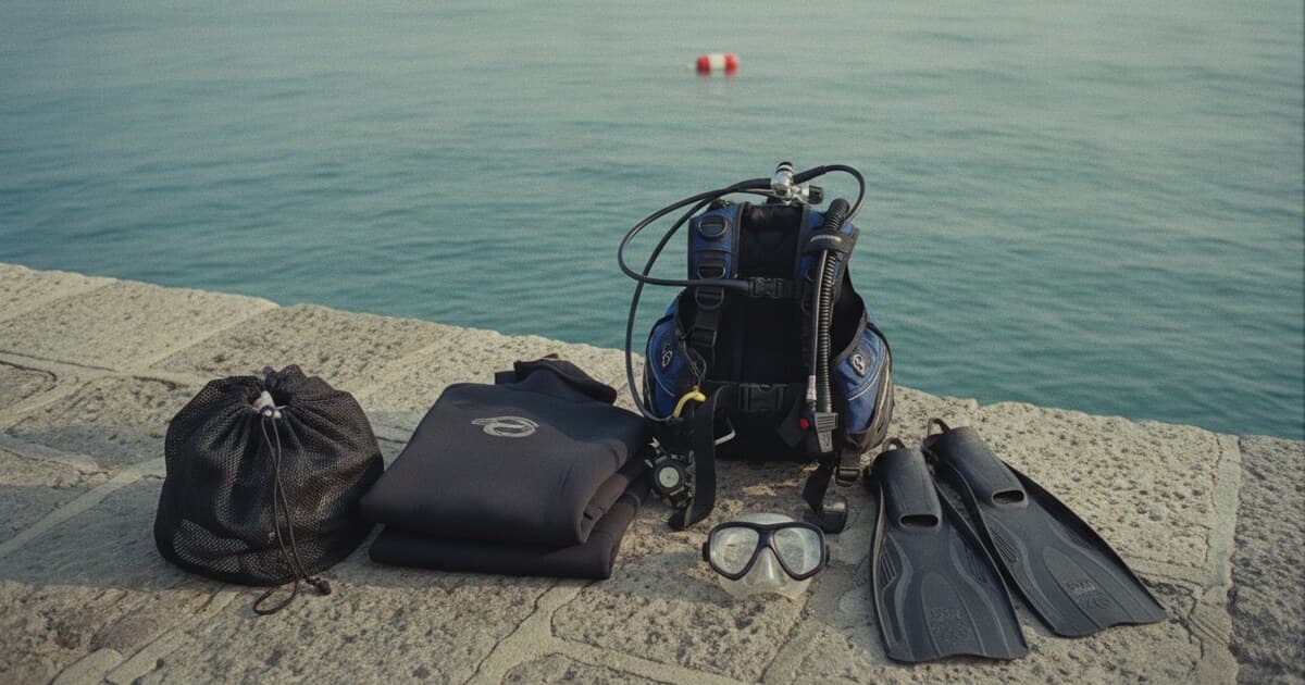 Scuba diving equipment laid out on a stone jetty before a dive