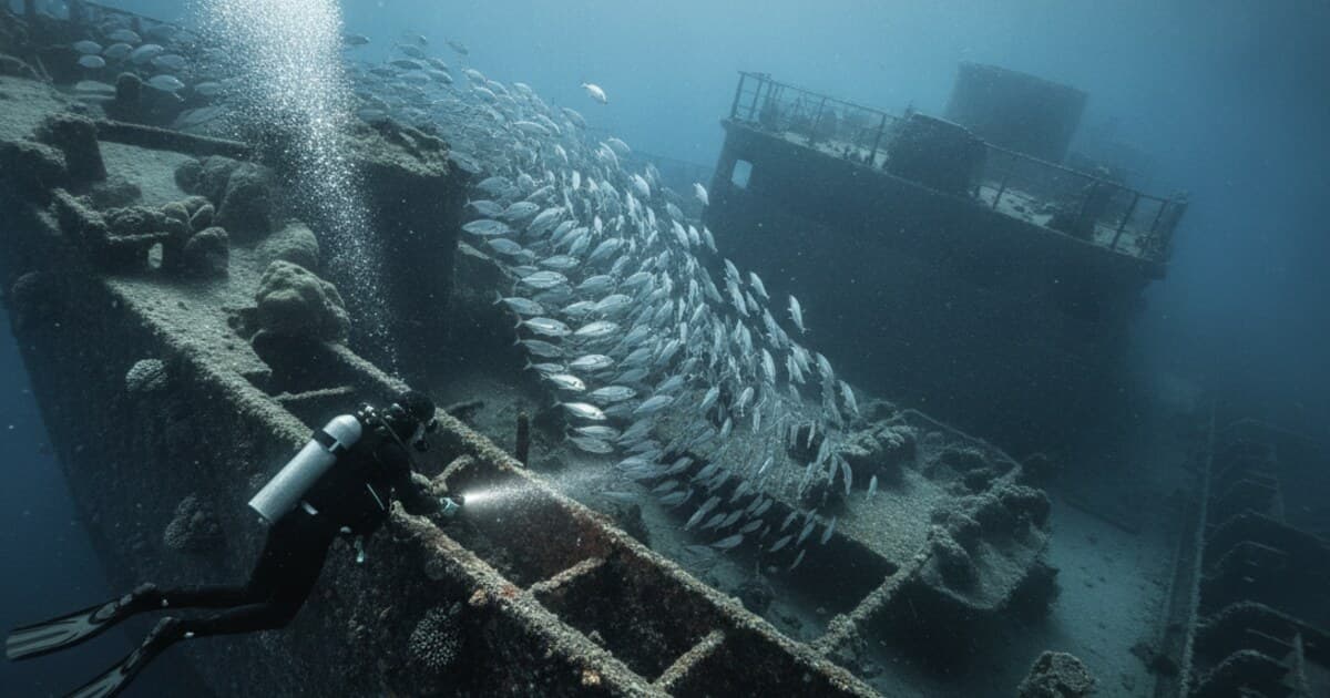 Scuba diver with a torch exploring the encrusted hull of a large shipwreck in clear blue Mediterranean water near Larnaca, Cyprus