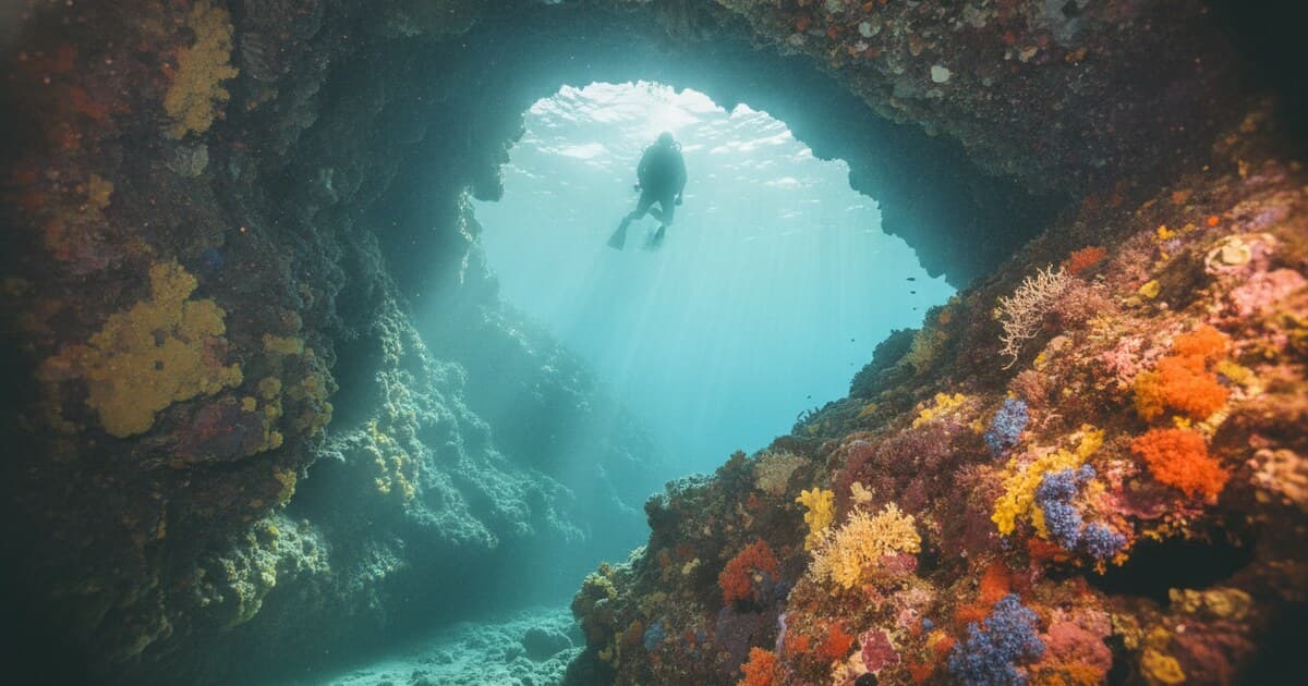 Diver exploring a sea cave entrance in Protaras, Cyprus with clear turquoise water and sunlit rock walls