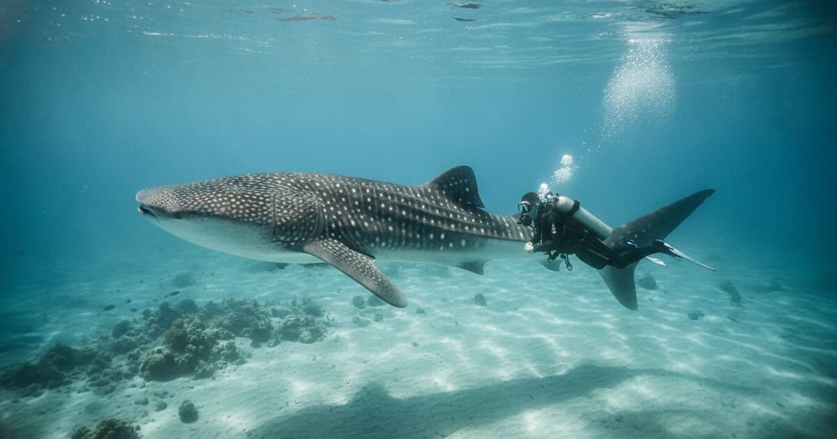 Scuba diver swimming alongside a whale shark in clear blue water off the Similan Islands, Thailand