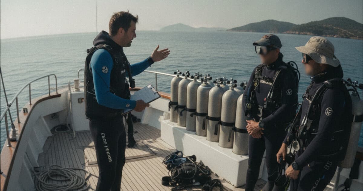Dive instructor briefing a small group beside tanks on a boat deck
