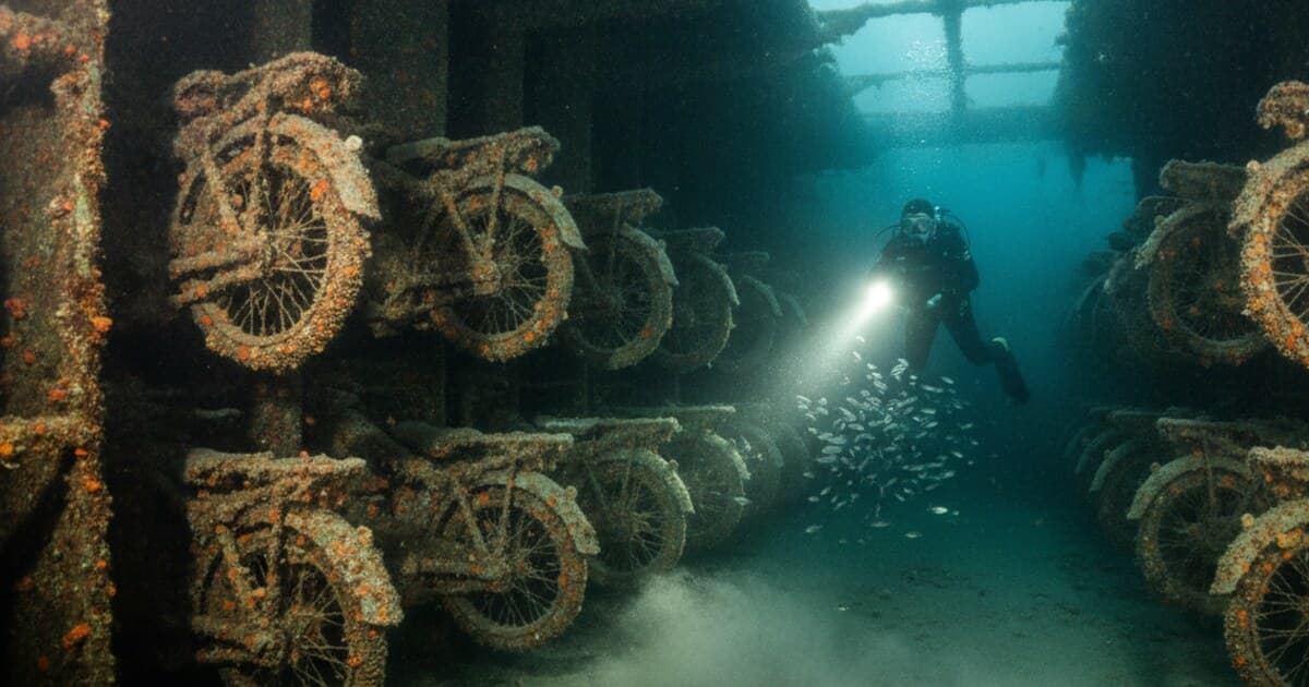 Diver above the cargo hold of a wartime shipwreck with motorcycles visible