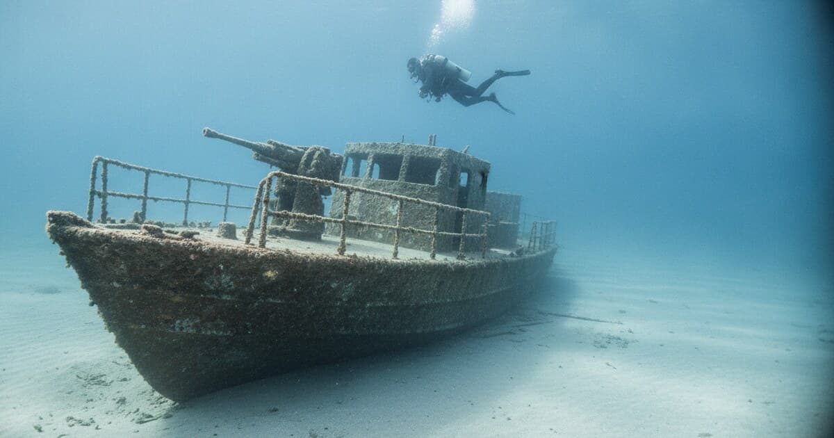 Diver above the deck of a scuttled patrol boat on a pale Mediterranean seabed
