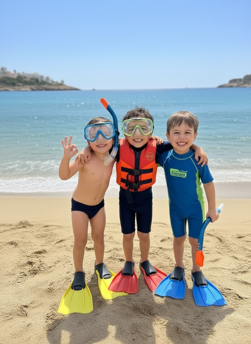 Three children in masks, snorkels and fins on a beach, arms around each other